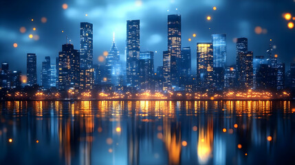 Naklejka premium A modern cityscape at night with glowing lights and a reflection in the water.