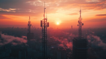 The tall, freestanding mobile tower is located in the center of urban areas, with an aerial view of city buildings at sunset.