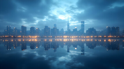 Fototapeta premium A modern cityscape reflected in a calm body of water at dusk. The city is illuminated by streetlights and the sky is a deep blue with dramatic clouds.