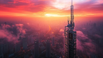 The tall, freestanding mobile tower is located in the center of urban areas, with an aerial view of city buildings at sunset.