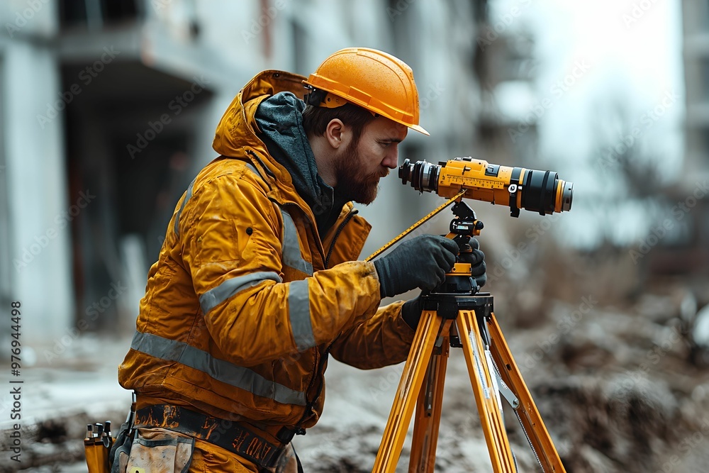 Poster construction worker using a level on a building site during winter