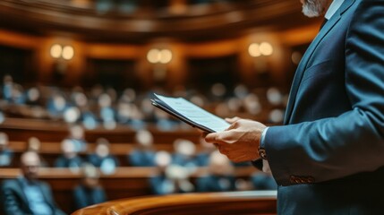 Speaker delivering a presentation in a formal meeting.