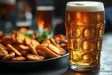 Enjoying a cold beer with crispy snacks at a cozy pub