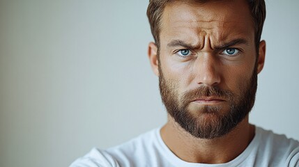 Fototapeta premium The Face of Frustration: A portrait of a man with piercing blue eyes and a furrowed brow, conveying intense feelings of frustration.