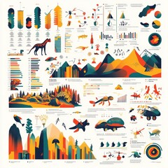 Abstract Geometric Illustration with Colorful Shapes  Data Charts  and Nature Elements