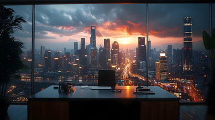 A modern office desk with a stunning view of a cityscape at sunset. The desk is empty and ready for work.