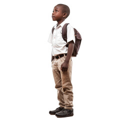 Naklejka premium Young african schoolboy wearing a uniform and backpack is standing and looking up with a thoughtful expression
