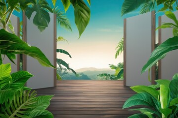 Fototapeta premium Serene 3D Panel Design with Lush Jungle Leaves for Tranquil Landscape Visualization