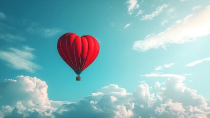 Fototapeta premium A heart-shaped hot air balloon icon floating in the sky with clouds around it.