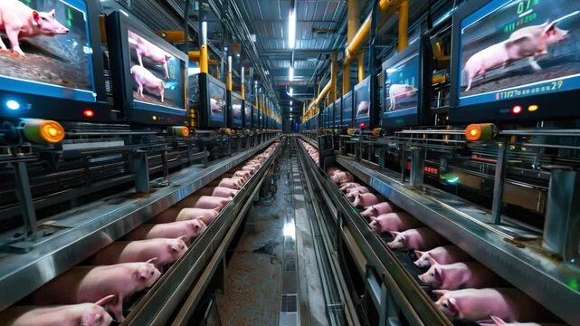 Pigs in automated feeding stations, with data analytics displayed on overhead monitors.