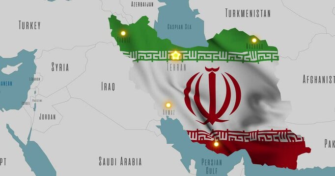 Map of Iran in the colors of national flag. The capital and major cities are marked.
