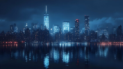 A nighttime cityscape with skyscrapers lit up and reflecting in the water.