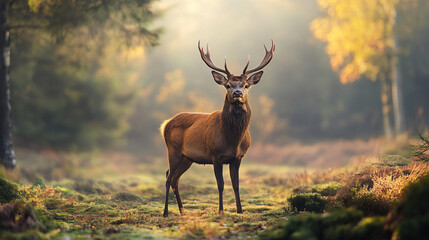 A graceful deer standing in a misty forest clearing.