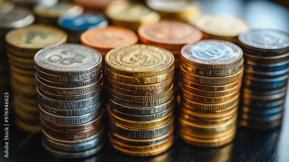 Poster a pile of coins with different colors and sizes. the coins are stacked on top of each other, creatin