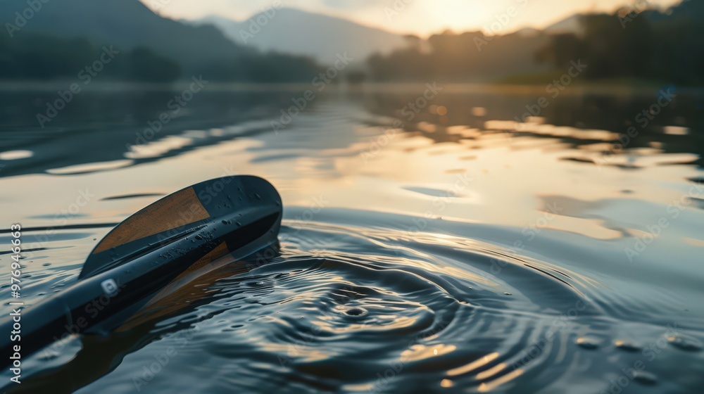 Poster a close-up of a kayaker paddle dipping into the water, creating ripples with a background of tranqui