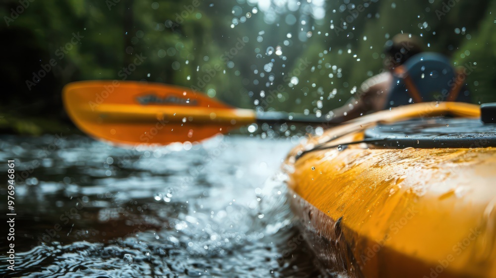 Poster a close-up of a kayaker a close-up of a kayaker splash as they paddle through a gentle river current