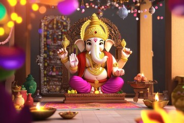 Obraz premium 3D Cartoon Illustration of Ganpati for Festive Decor and Celebrations