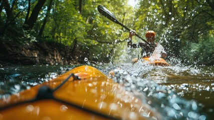 A close-up of a kayaker A close-up of a kayaker splash as they paddle through a gentle river current, with the surrounding forest and riverbank creating a serene environment.