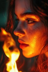 A contemplative young girl stares into the flames she holds, the fireball casting a warm glow on her face