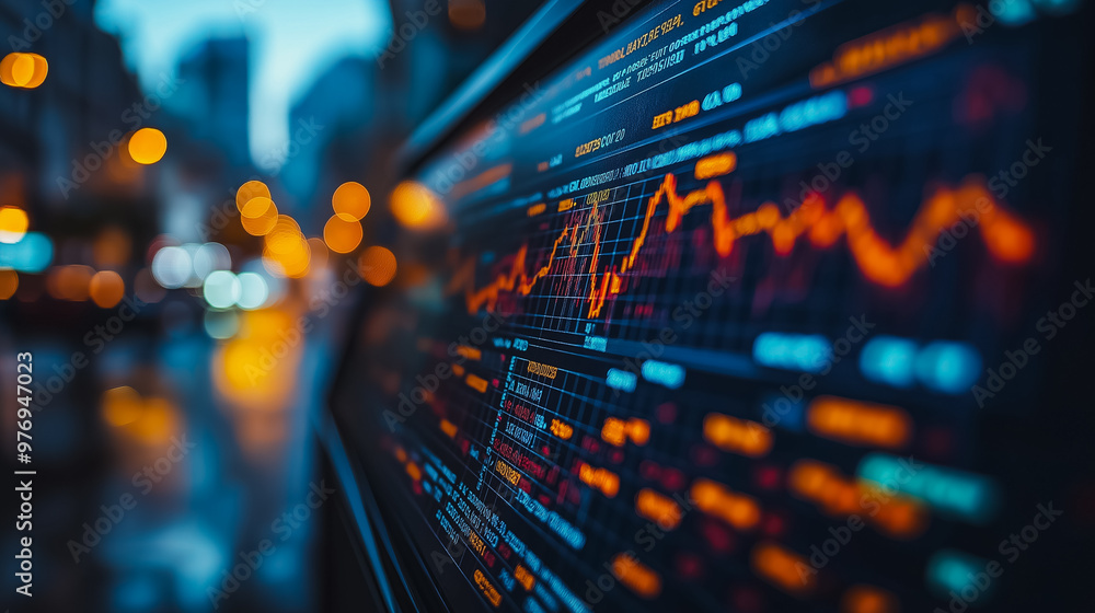 Poster a computer screen shows a graph of stock prices. the graph is filled with red and orange lines, indi