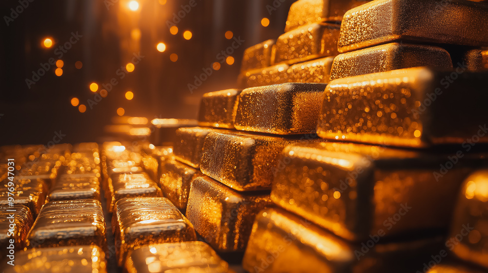 Poster a stack of gold bars with a shiny, reflective surface. the bars are piled on top of each other, crea
