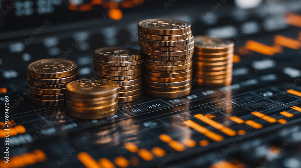 Poster a pile of gold coins sits on a black background with a graph of numbers. the coins are stacked in a 