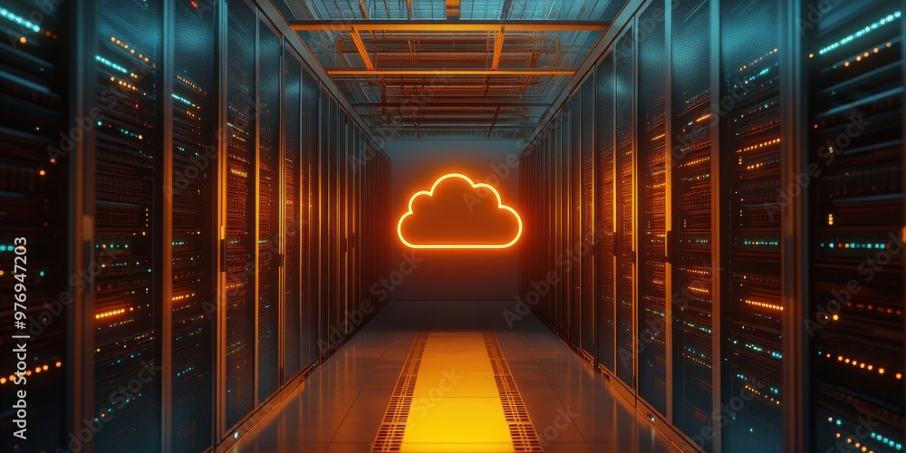 Poster a neon sign of a cloud is lit up in a dark room. the room is filled with rows of computer servers