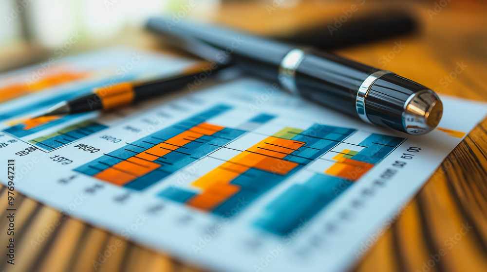 Poster a pen and pencil are on top of a piece of paper with graphs. concept of analyzing data and making de
