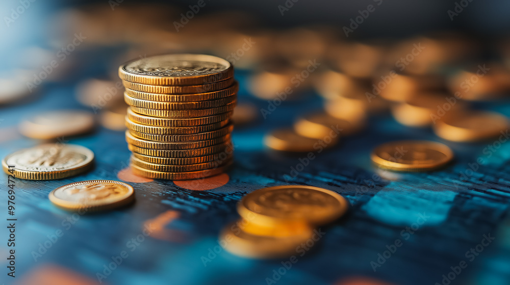 Poster a pile of gold coins on a blue background. the coins are stacked on top of each other, creating a se