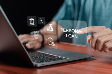 Online personal loan and financial concept. Businessman using laptop with loan icon for financial loan agreement, Personal or business loans through online services between lenders and borrowers.