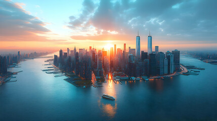Fototapeta premium A panoramic aerial view of New York City's skyline at sunset, with the sun setting behind the skyscrapers and reflecting on the water.