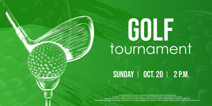 Creative golf tournament background with golf club and ball tee on green grass field. vector sport championship banner with golf ball and stick on green putter field background