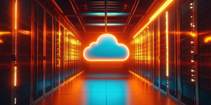 A neon lighted tunnel with a cloud in the center. The tunnel is lit up in orange and blue colors