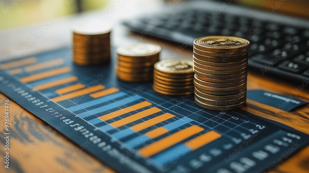 Poster a stack of coins and a keyboard are on a table. the coins are arranged in a pyramid shape, with the 