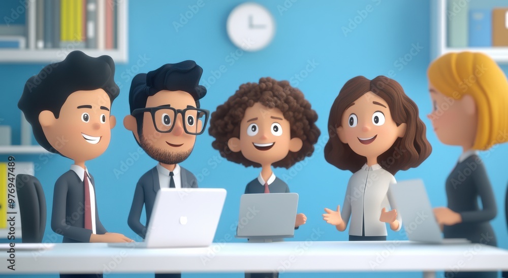 Poster a group of business people are sitting around a table with laptops and a clock in the background. at