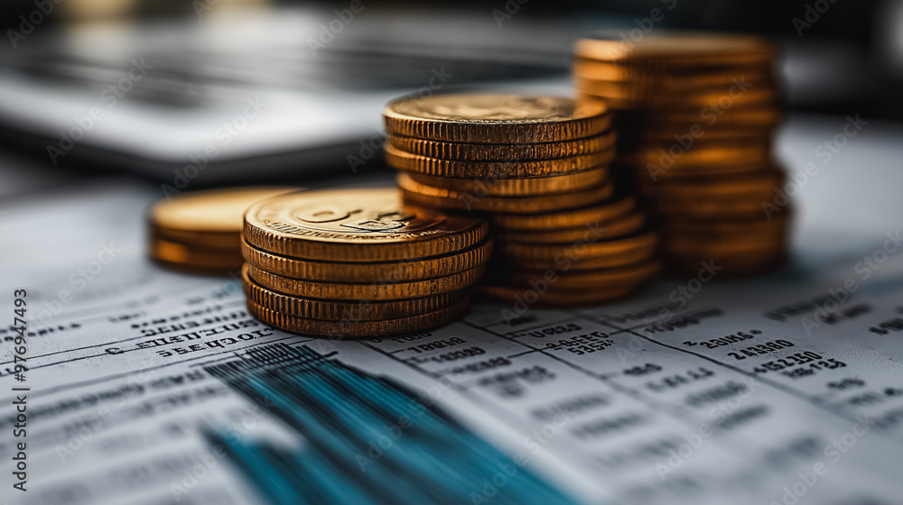 Poster a pile of gold coins sits on top of a piece of paper with numbers and graphs. concept of wealth and 