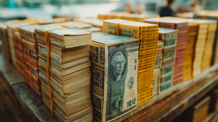 Fototapeta premium A pile of money is on a table with a green one in the middle. The money is tied with rubber bands