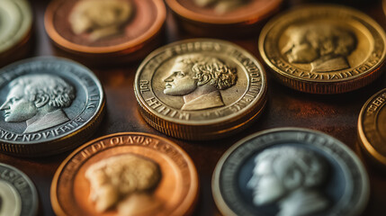A collection of coins with different faces and colors. The coins are arranged in a row on a table