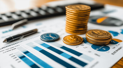 A stack of gold coins sits on top of a sheet of paper with a pen and calculator. Concept of wealth and prosperity, as the coins represent financial success