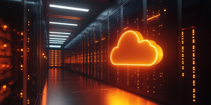 A neon sign of a cloud is lit up in a dark room. The room is filled with computer servers and the sign is glowing brightly. Scene is futuristic and technological