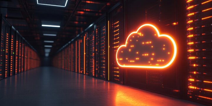 A neon sign of a cloud is lit up in a dark room. The room is filled with rows of servers, and the neon sign is the only source of light