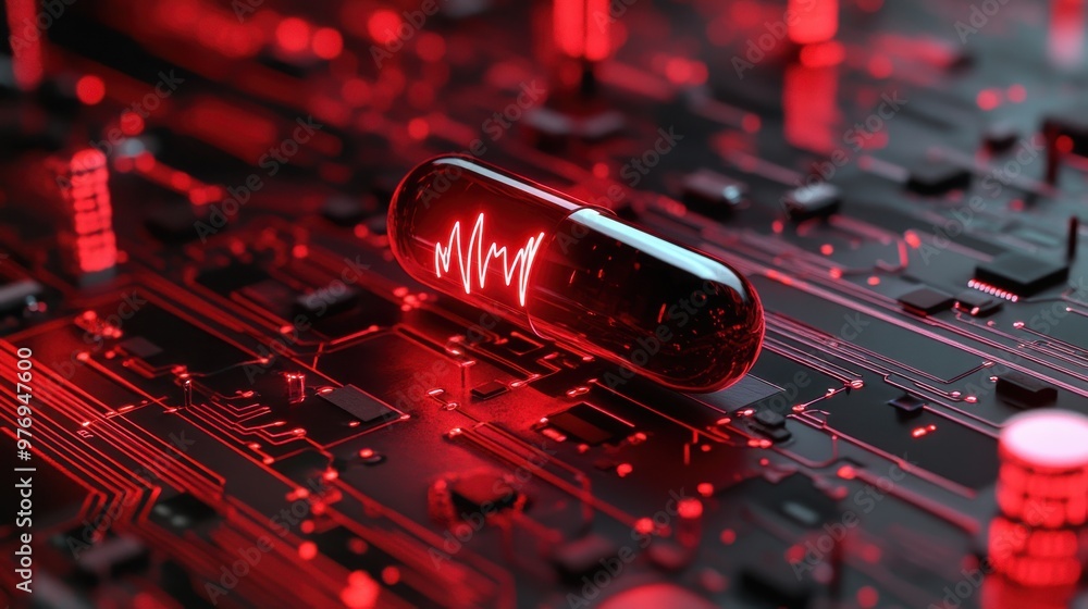Poster a red pill is on a black background with a red glow. the pill is surrounded by a red glow, which giv