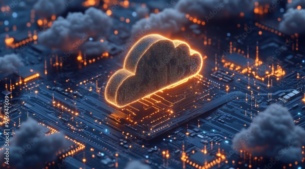 Poster a computer chip with a cloud on it. the cloud is glowing and the chip is surrounded by a lot of othe