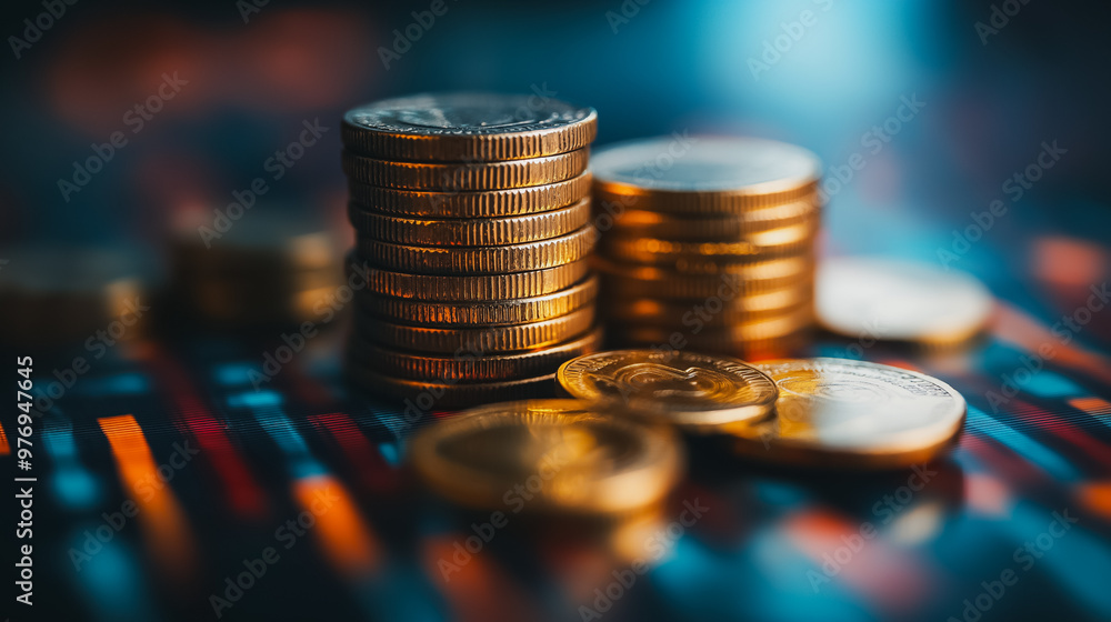 Poster a pile of gold coins on a table. the coins are stacked on top of each other, creating a sense of wea