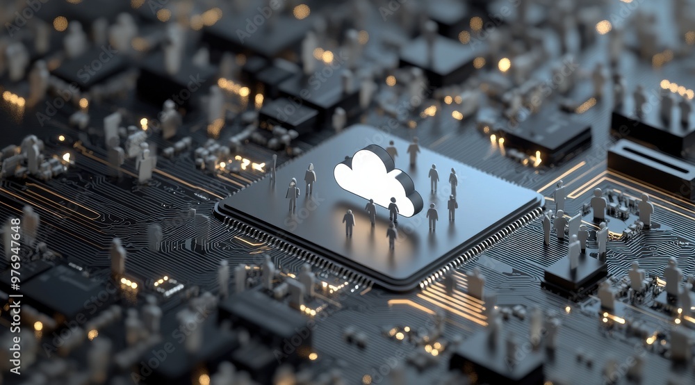 Poster a computer chip with a cloud and people on it. the people are in different positions and sizes, and 