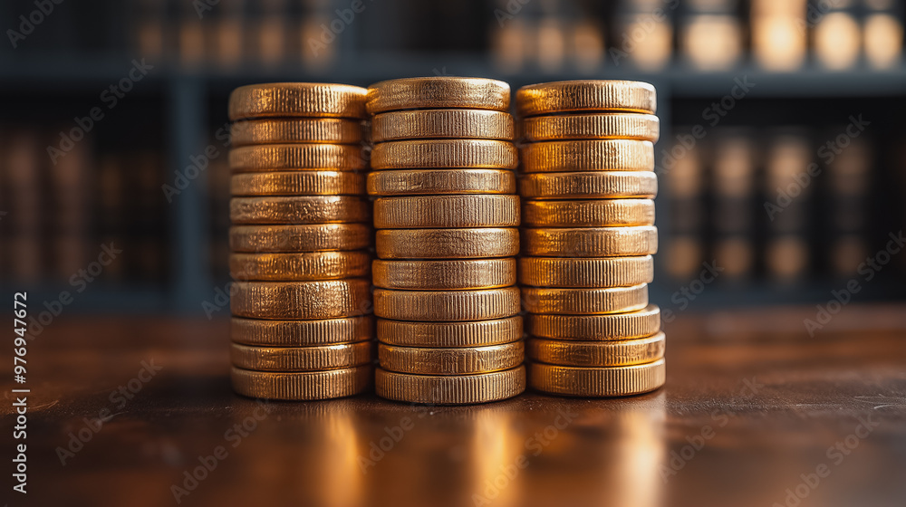 Aufkleber a stack of gold coins on a table. the coins are piled on top of each other, creating a sense of weal