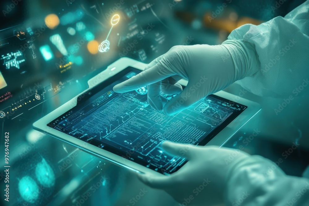 Poster a doctor is using a tablet with a stylus to point at a screen. the tablet is displaying a complex im