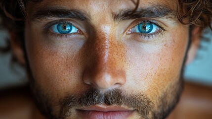Intense Gaze: A close-up portrait of a man with piercing blue eyes and a hint of stubble, capturing his intensity and captivating gaze.  