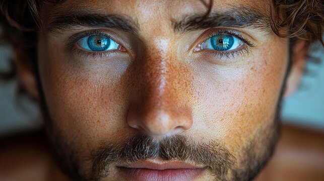 Intense Gaze: A close-up portrait of a man with piercing blue eyes and a hint of stubble, capturing his intensity and captivating gaze.  