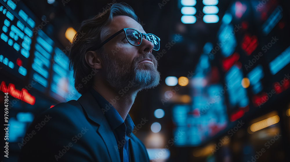 Poster a man in a suit is looking at a computer screen with a lot of numbers and letters on it